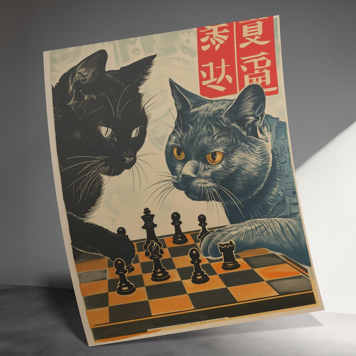 Black And Grey Cats Chess Match Retro Japanese Feline Strategy Art Poster - Image 3