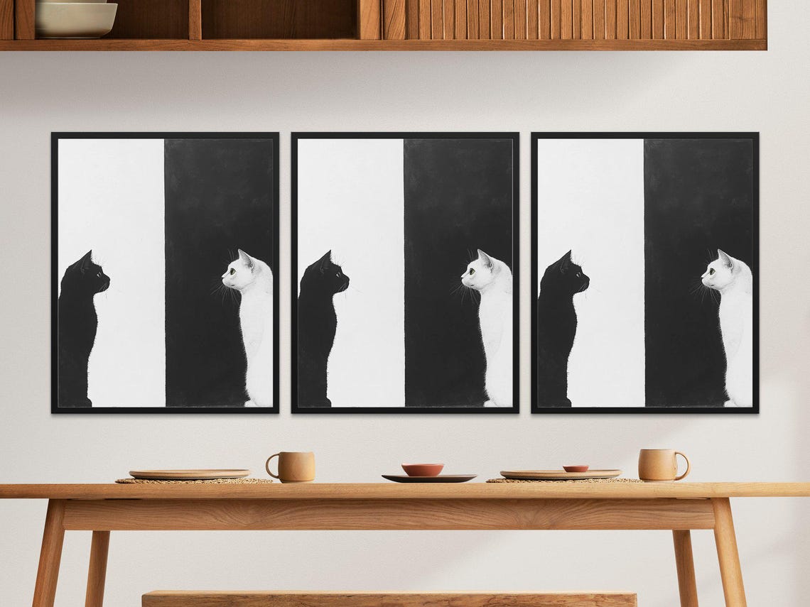 Black And White Cats Facing Each Other Minimalist Yin Yang Wall Art - Image 2