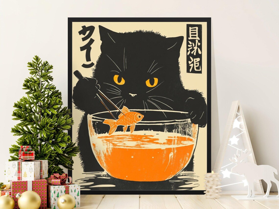 Black Cat Fishing Goldfish With Chopsticks Vintage Japanese Kitchen Poster