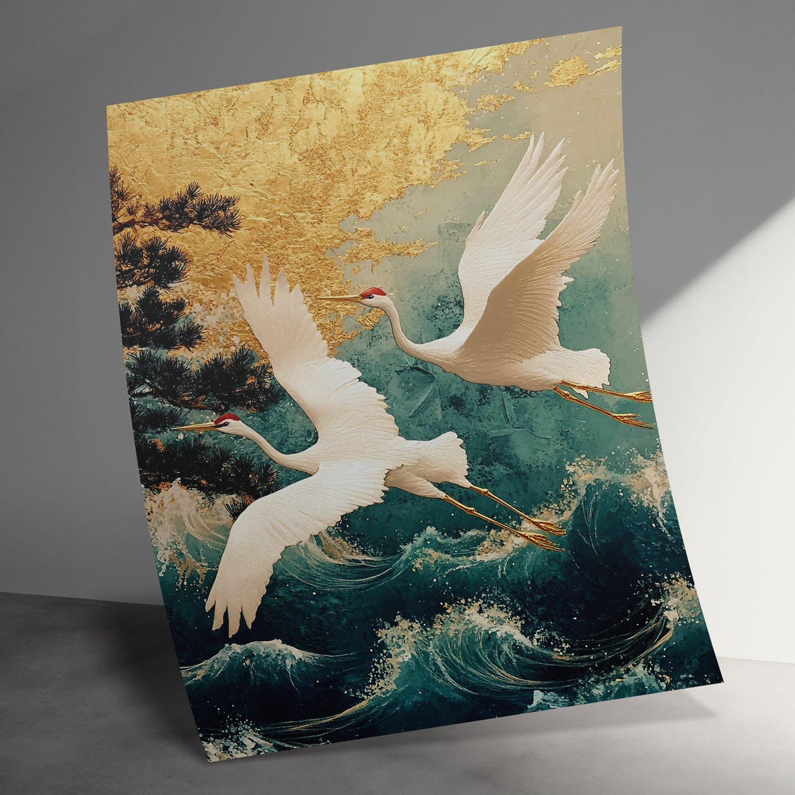 White Cranes Flying Over Waves Gold Leaf Japanese Style Poster - Image 3