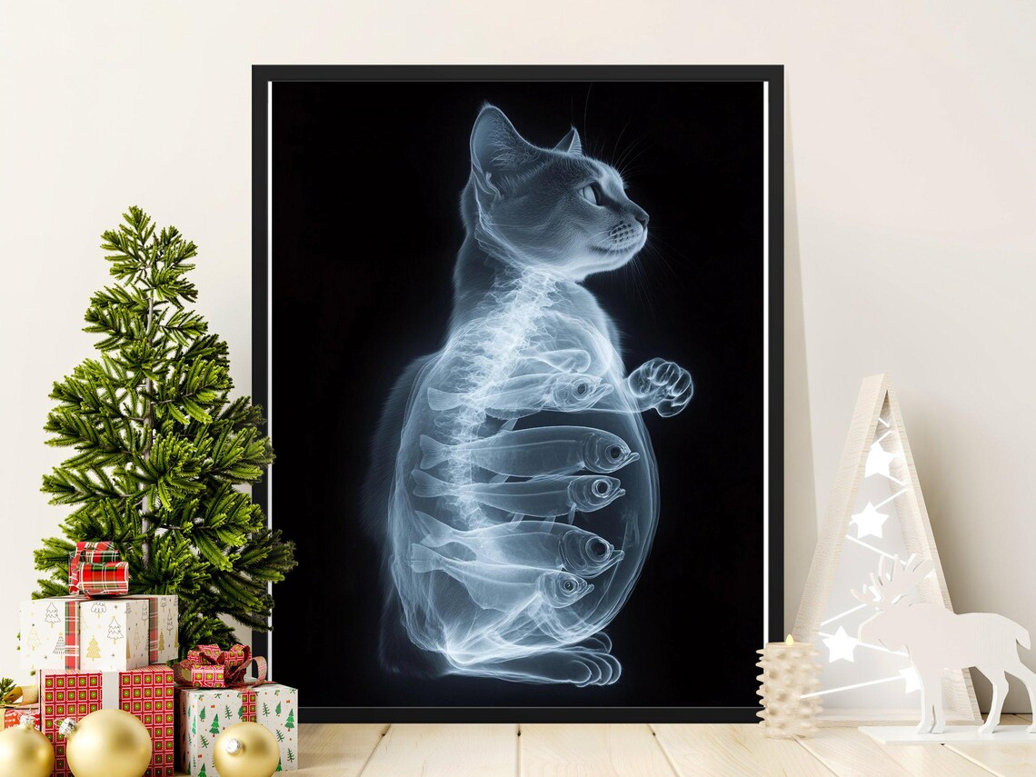 X Ray Cat Swallowed Fish Skeleton Glowing Anatomy Funny Animal Art Poster