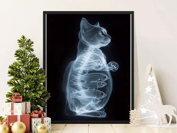 X Ray Cat Swallowed Fish Skeleton Glowing Anatomy Funny Animal Art Poster