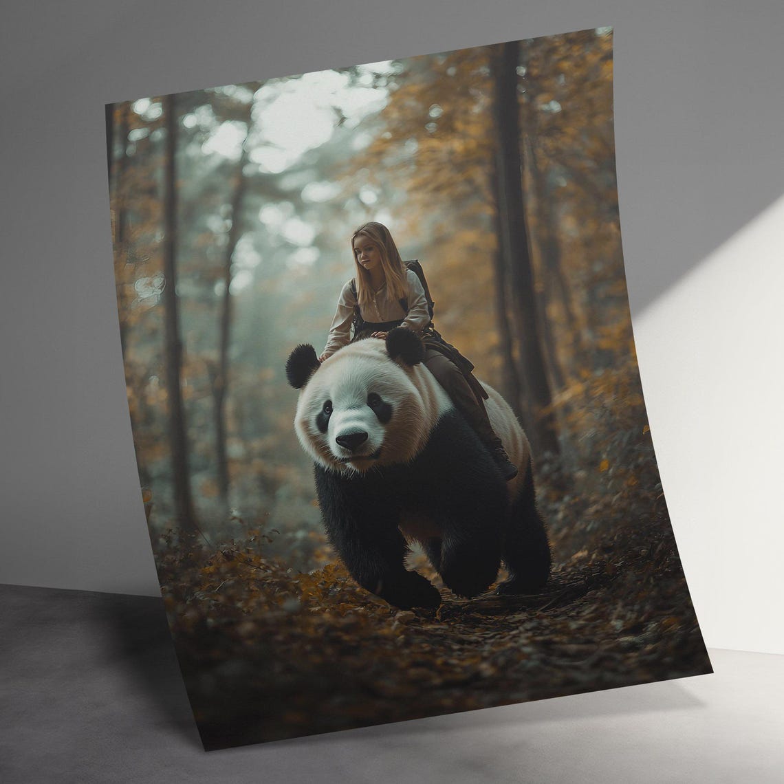 Woman Riding Giant Panda Autumn Forest Trail Fantasy Adventure Poster - Image 2
