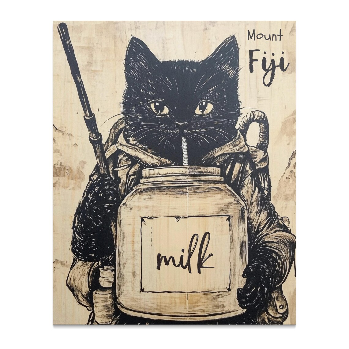 Black Cat Hiker Drinking Milk Mount Fiji Japanese Style Wall Art Poster - Image 2