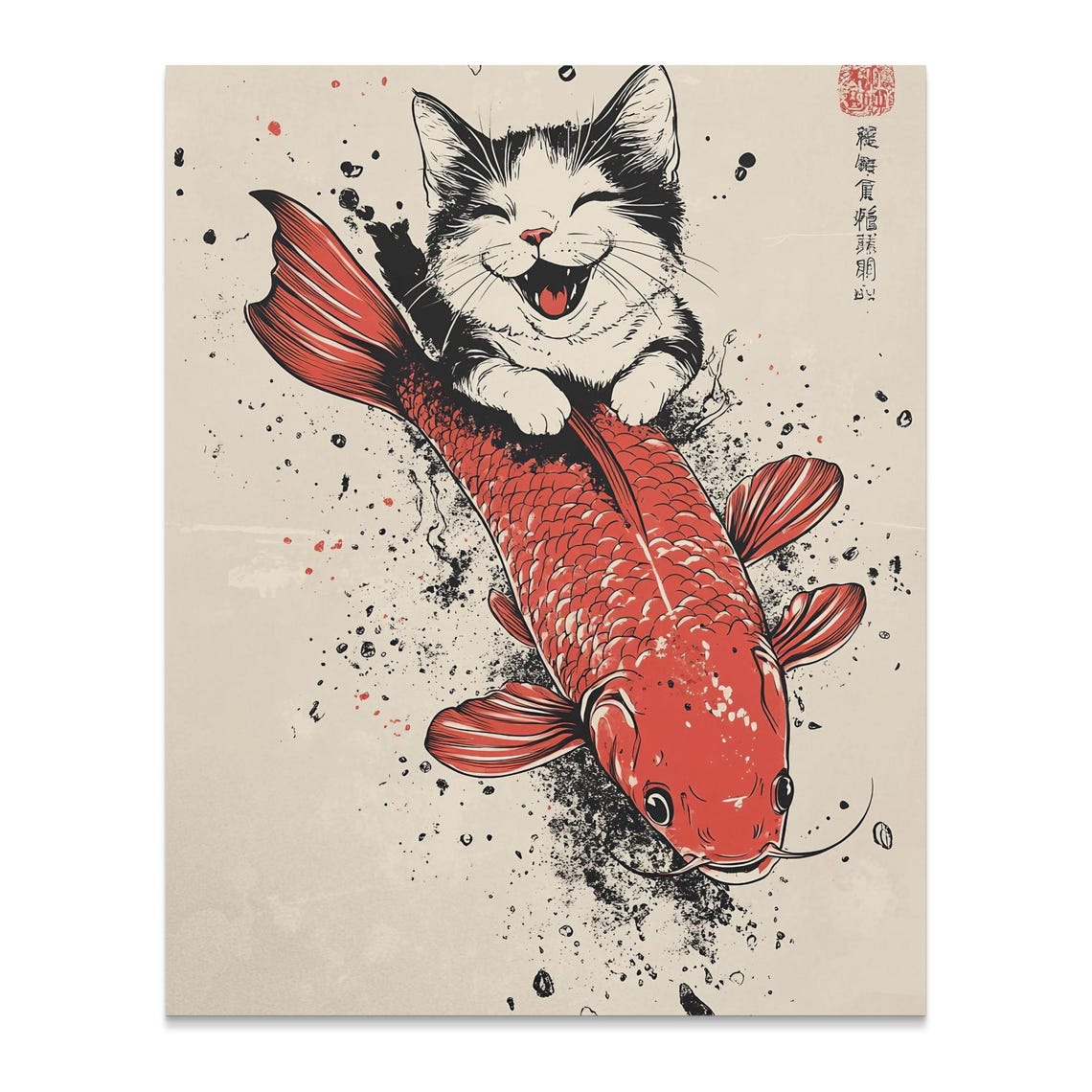 Joyful Kitten Riding Red Koi Fish Ink Splash Japanese Wall Art Poster - Image 2