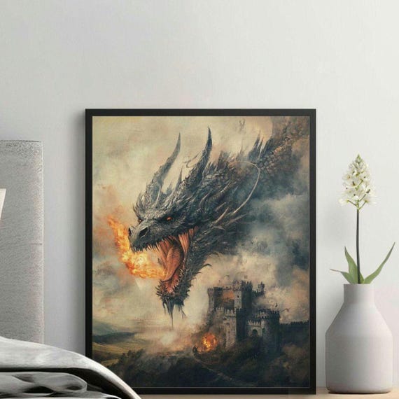 Dragon Wall Art Print Fire Breathing Dragon Poster Fantasy Castle Decor Epic Dragon Battle Artwork Medieval Fantasy Poster