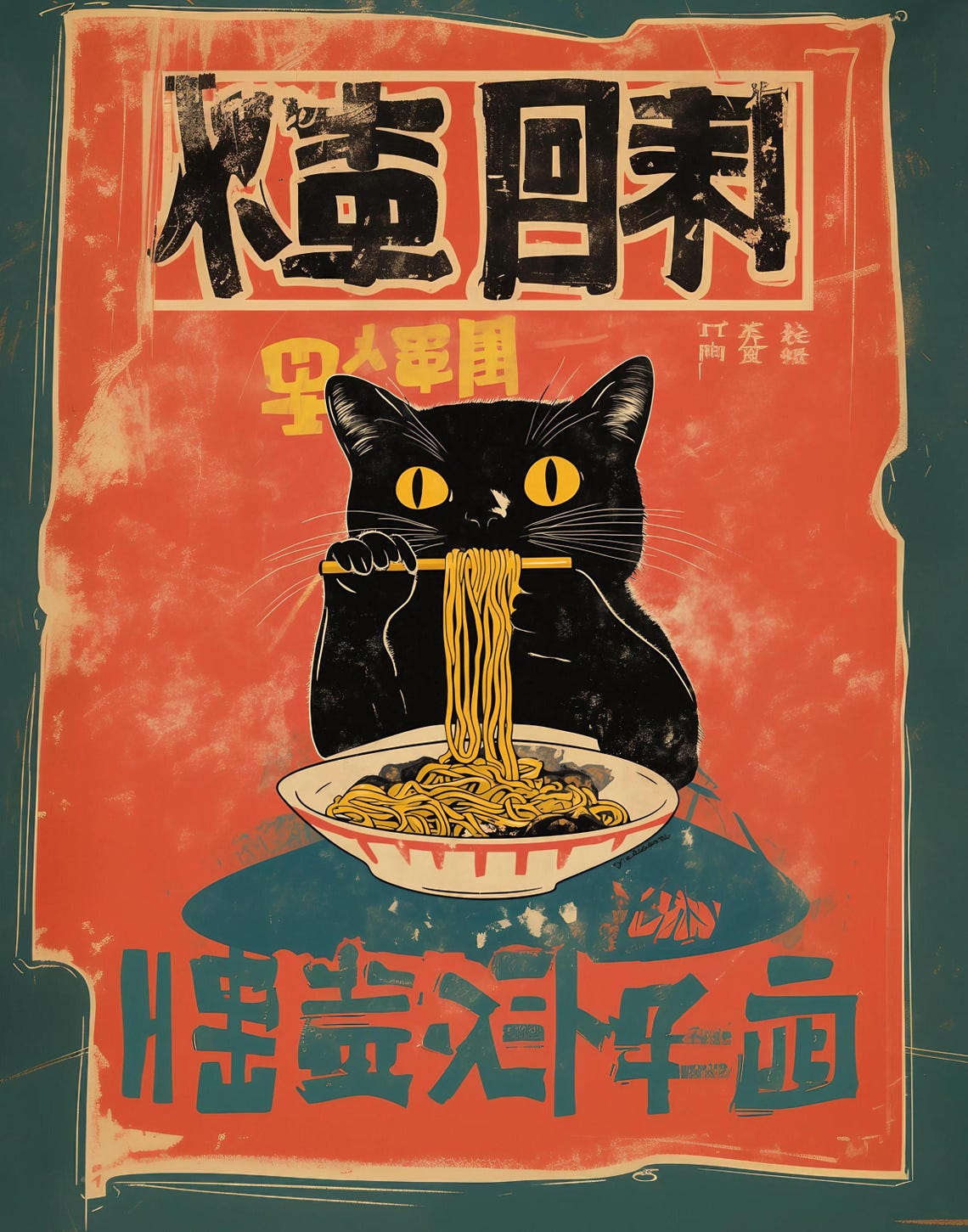 Black Cat Ramen Noodles Vintage Japanese Style Kitchen Poster - Image 2