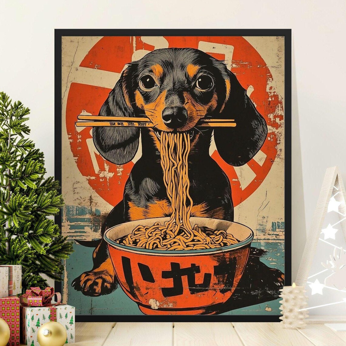 Dachshund Eating Ramen Japanese Retro Style Funny Dog Wall Art