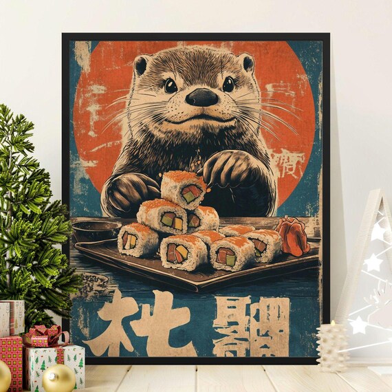 Otter With Sushi Rolls Platter Red Sun Vintage Japanese Foodie Art Poster