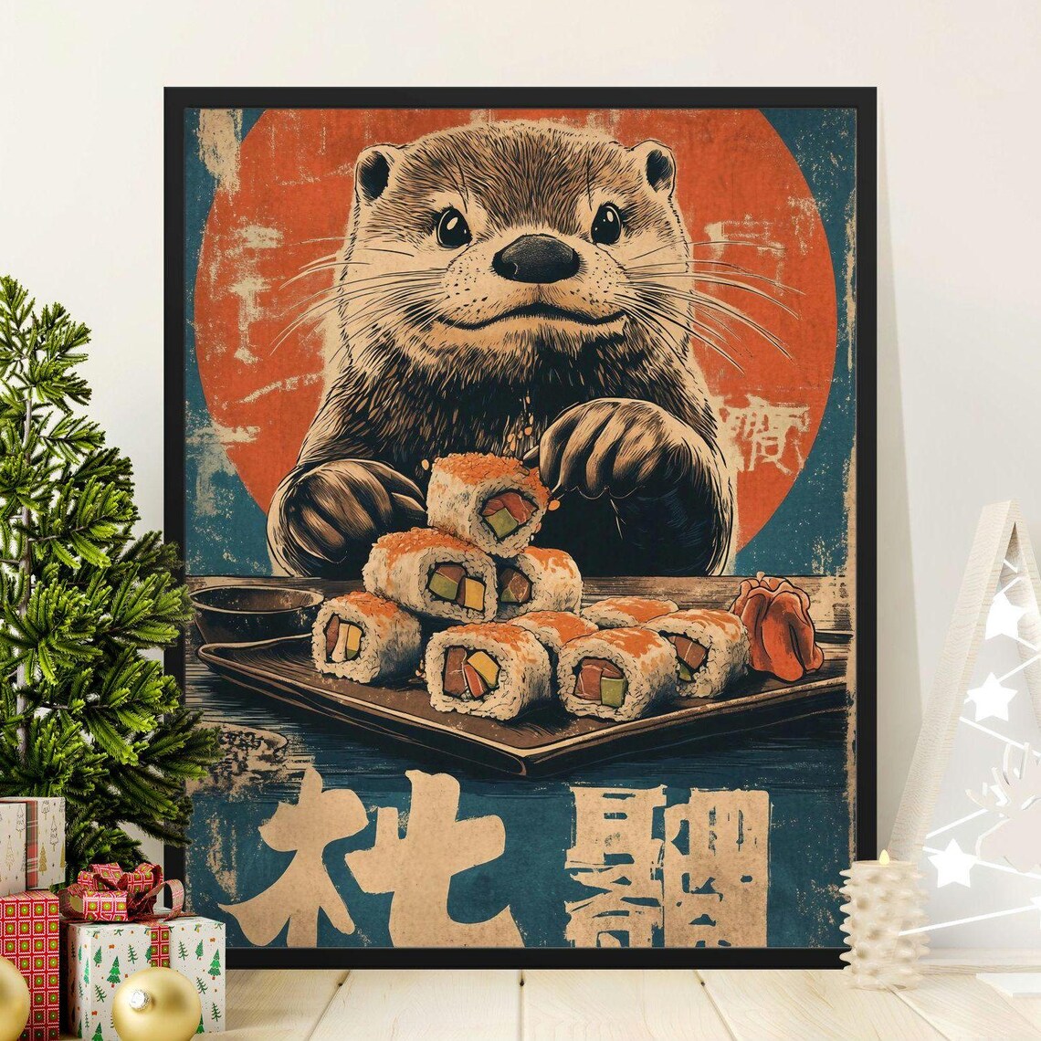 Otter With Sushi Rolls Platter Red Sun Vintage Japanese Foodie Art Poster