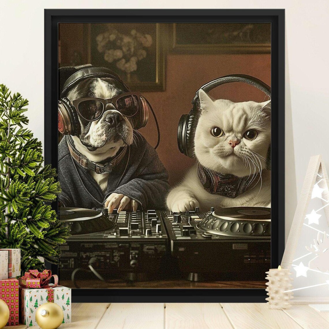 Bulldog and White Cat DJ Duo With Headphones Cool Music Wall Art