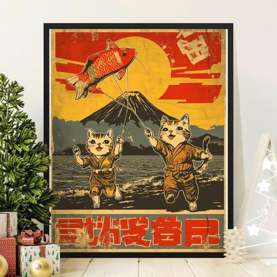 Happy Cats Flying Fish Kite Mount Fuji Sunset Retro Japanese Poster