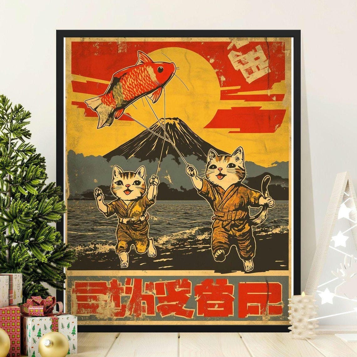 Retro Japanese Cat Fishermen Poster Vintage Style Wall Art Cute Cats Fishing Print Japanese Culture Art Unique Home Decor
