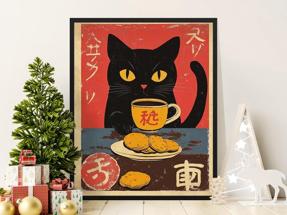 Black Cat Coffee And Cookies Japanese Retro Style Vintage Wall Poster