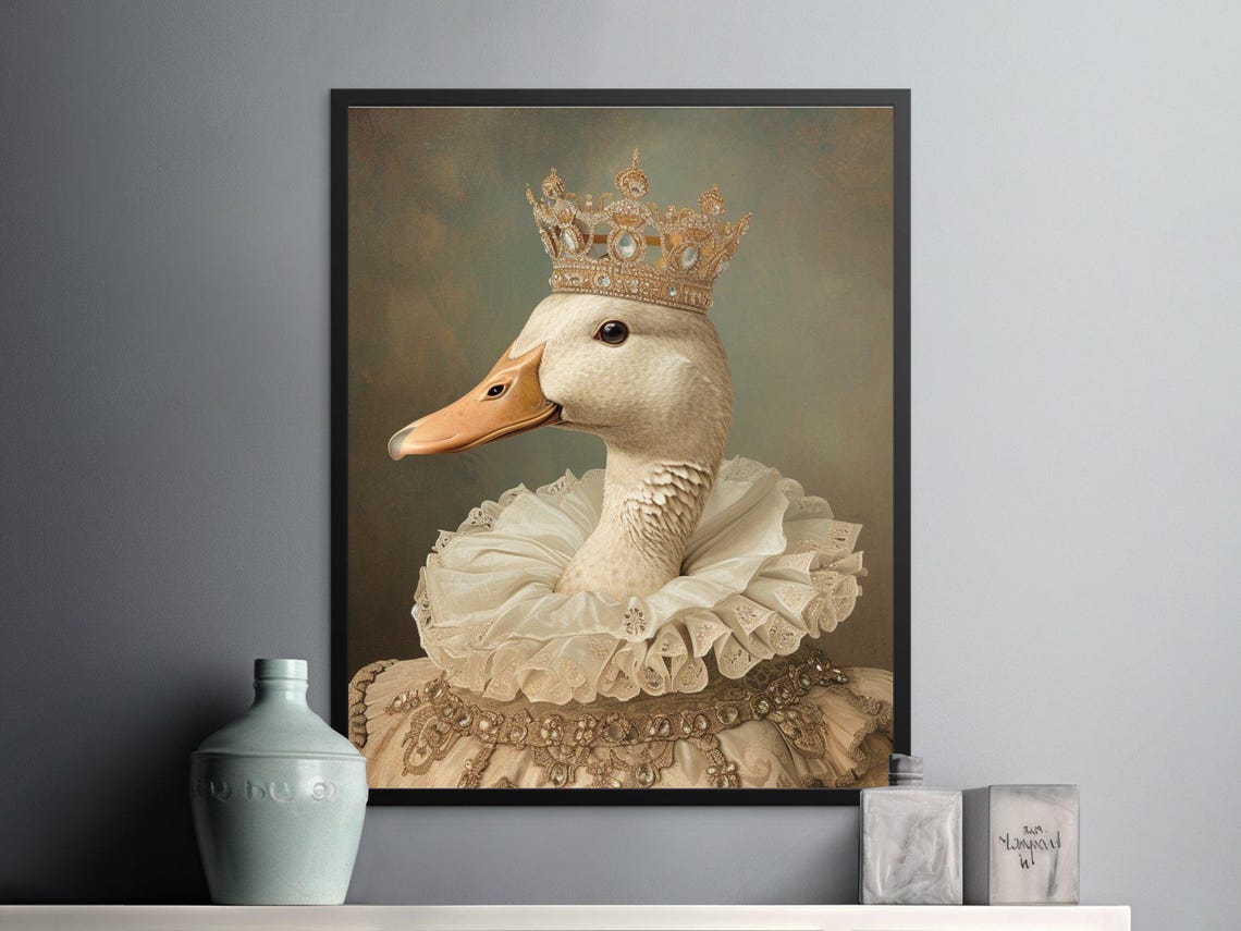 Royal Duck Queen Golden Crown Lace Ruff Regal Portrait Poster