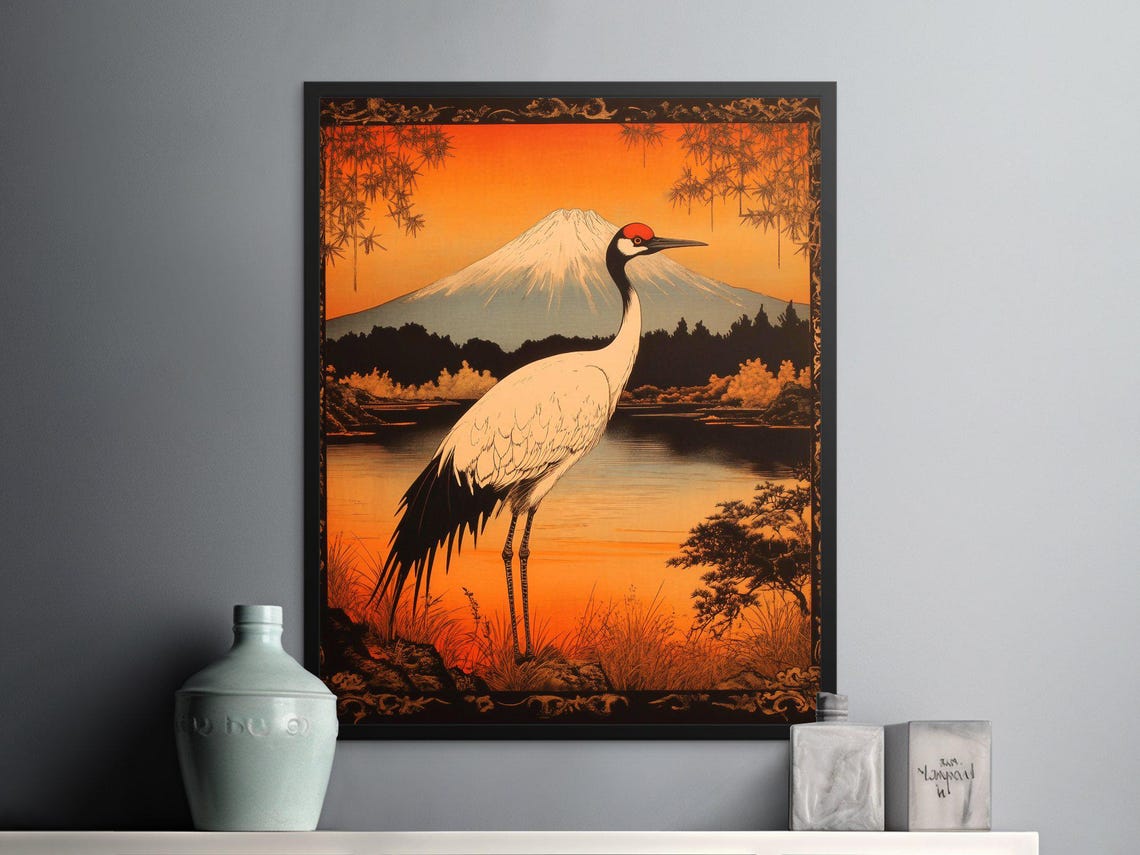 Red Crowned Crane Mount Fuji Orange Sunset Vintage Japanese Poster