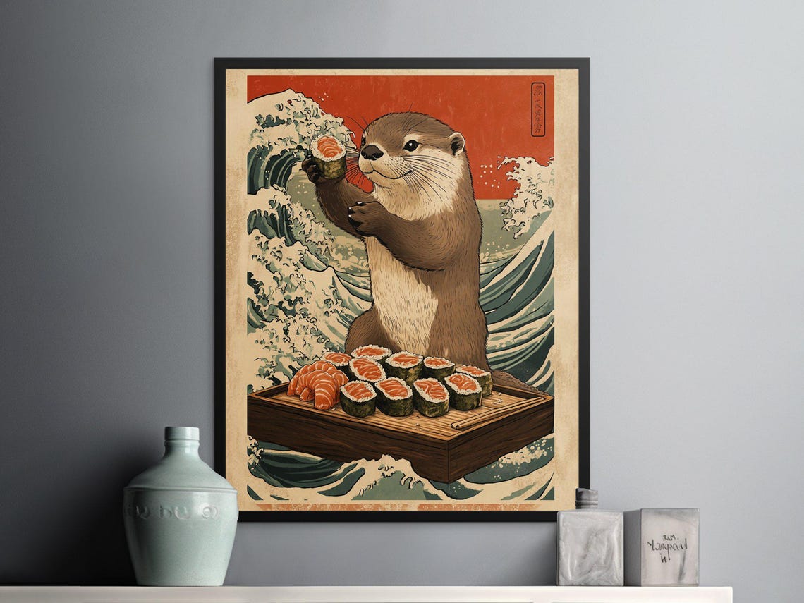 Cute Otter Holding Sushi Great Wave Kawaii Japanese Kitchen Wall Art - Image 2