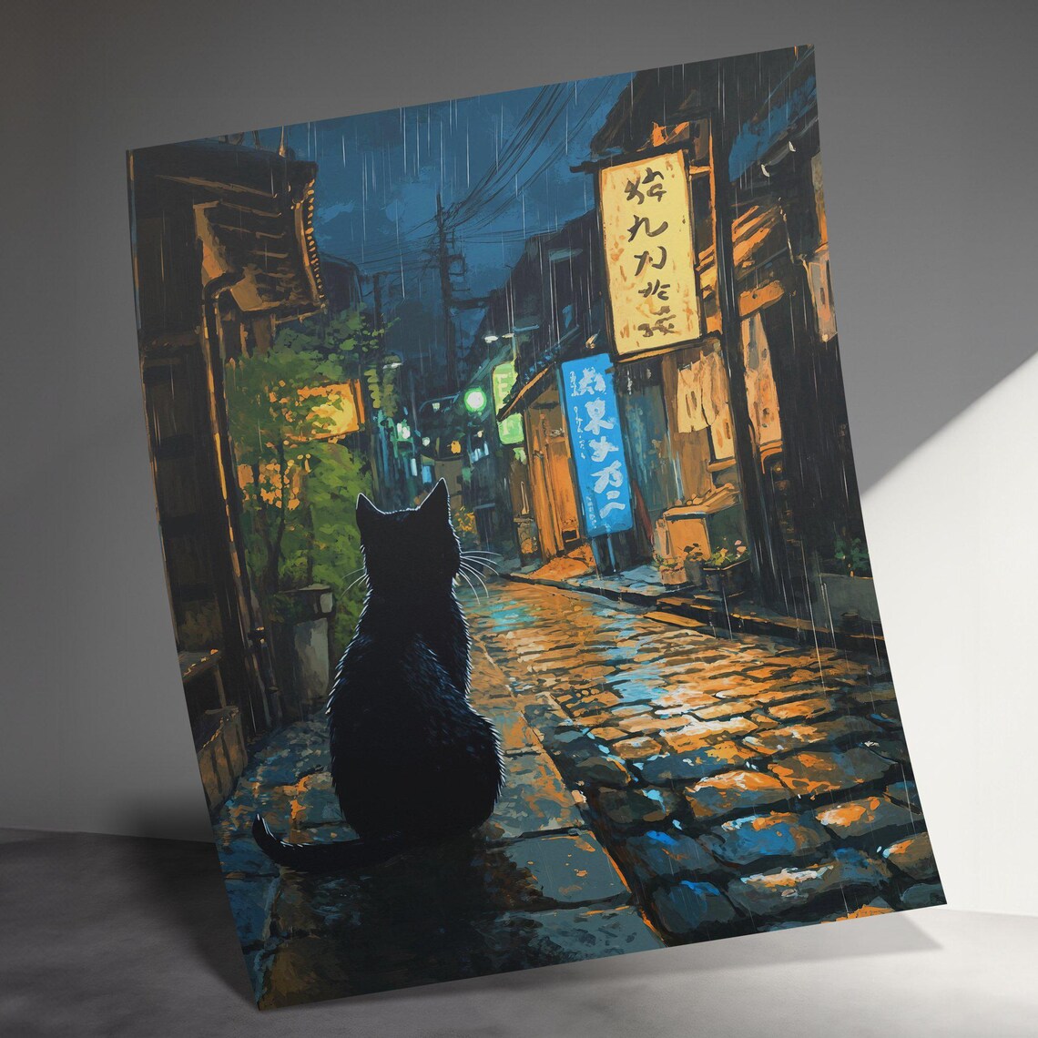 Black Cat In Rainy Tokyo Alley Night Lanterns Wet Street Art Poster - Image 3