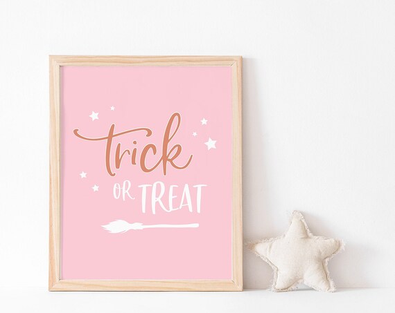 Trick Or Treat Script Stars Witches Broom Pink Halloween Wall Art
