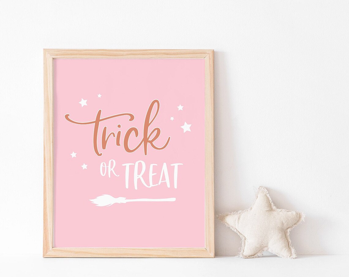 Trick Or Treat Script Stars Witches Broom Pink Halloween Wall Art