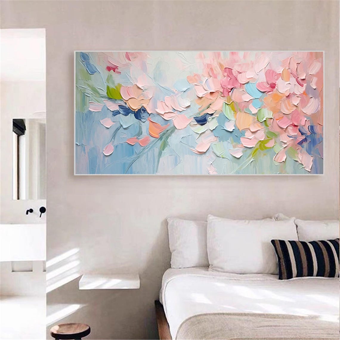 Blush Pink Teal Navy Abstract Florals Panoramic Gallery Wall Art - Image 3