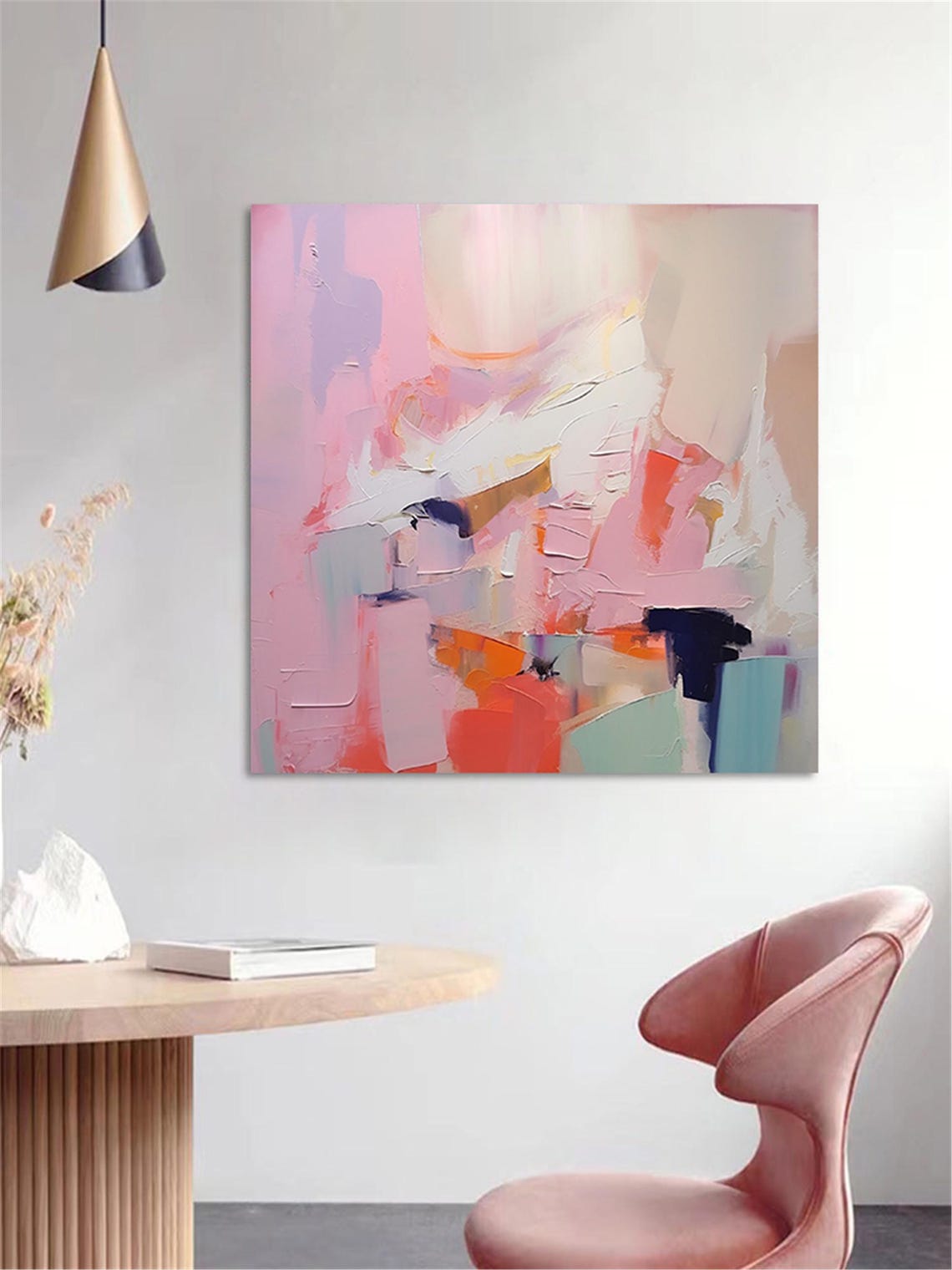 Blush Pink Navy Orange Modern Abstract Brushstroke Gallery Wall Art - Image 5