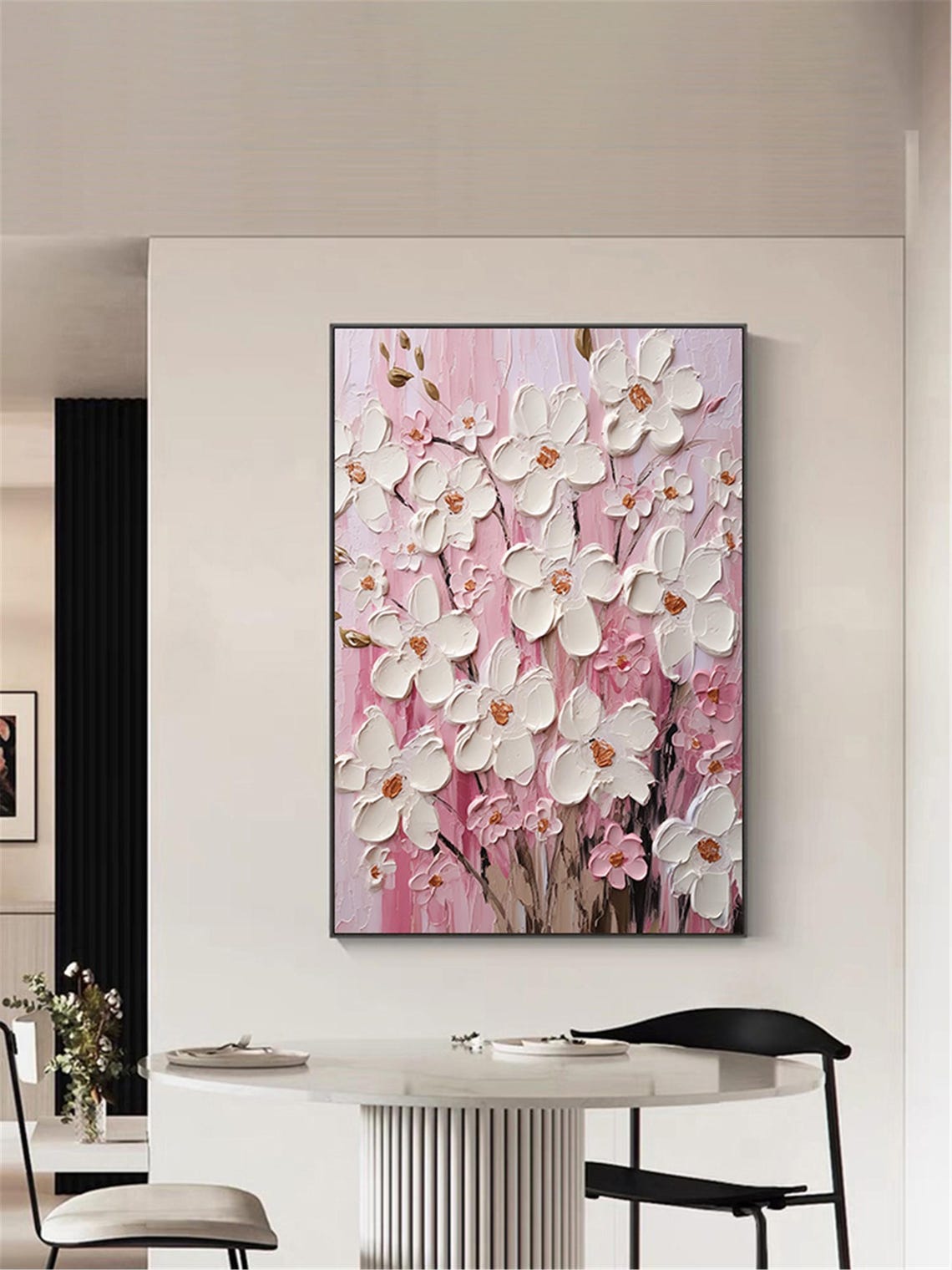 White Cherry Blossom Pink Background 3D Textured Floral Wall Art - Image 2