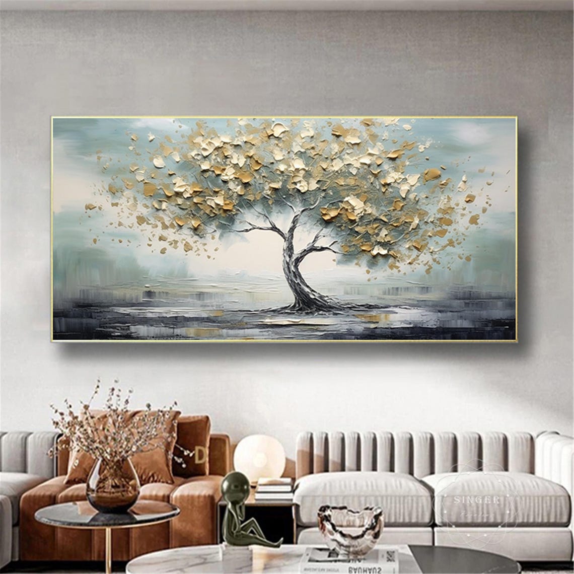 Windswept Golden Tree 3D Textured Impasto Painting Sage Sky Poster - Image 5