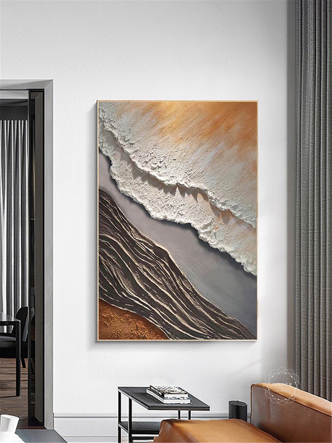 Brown Gray Abstract Ocean Wave 3D Textured Canvas Painting Poster - Image 5