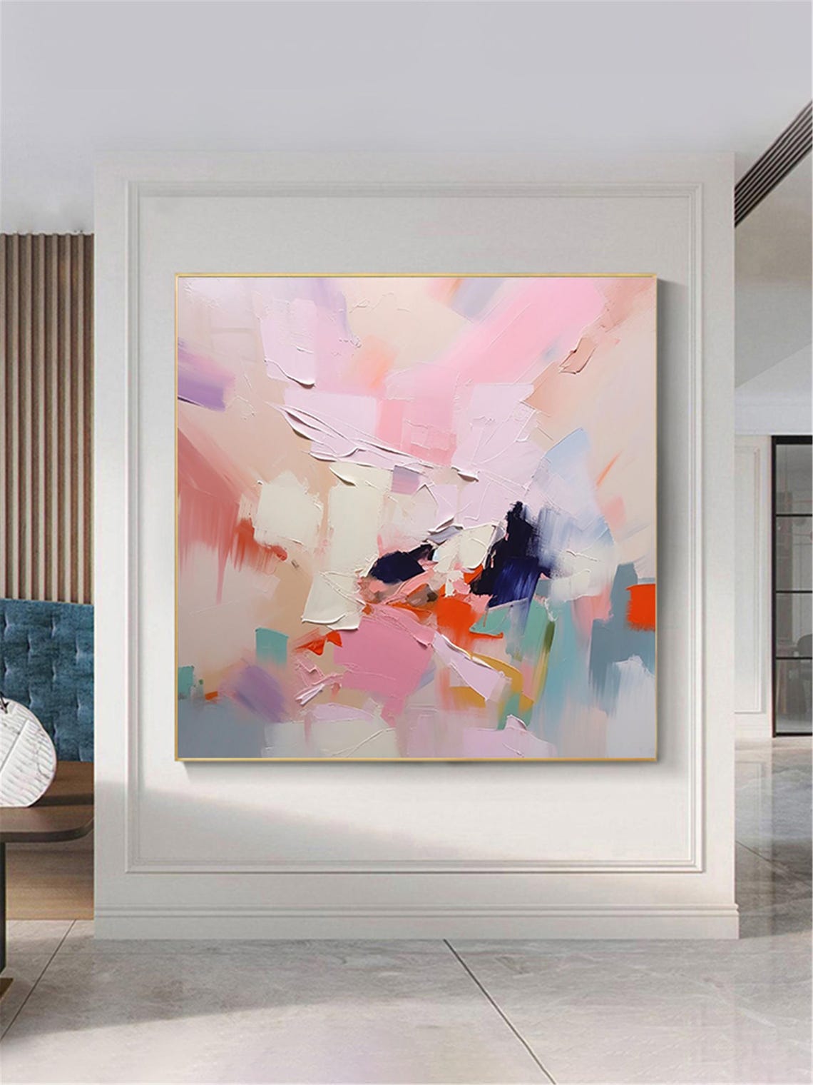 Soft Pink White Peach Abstract Painting Modern Living Room Wall Art - Image 3