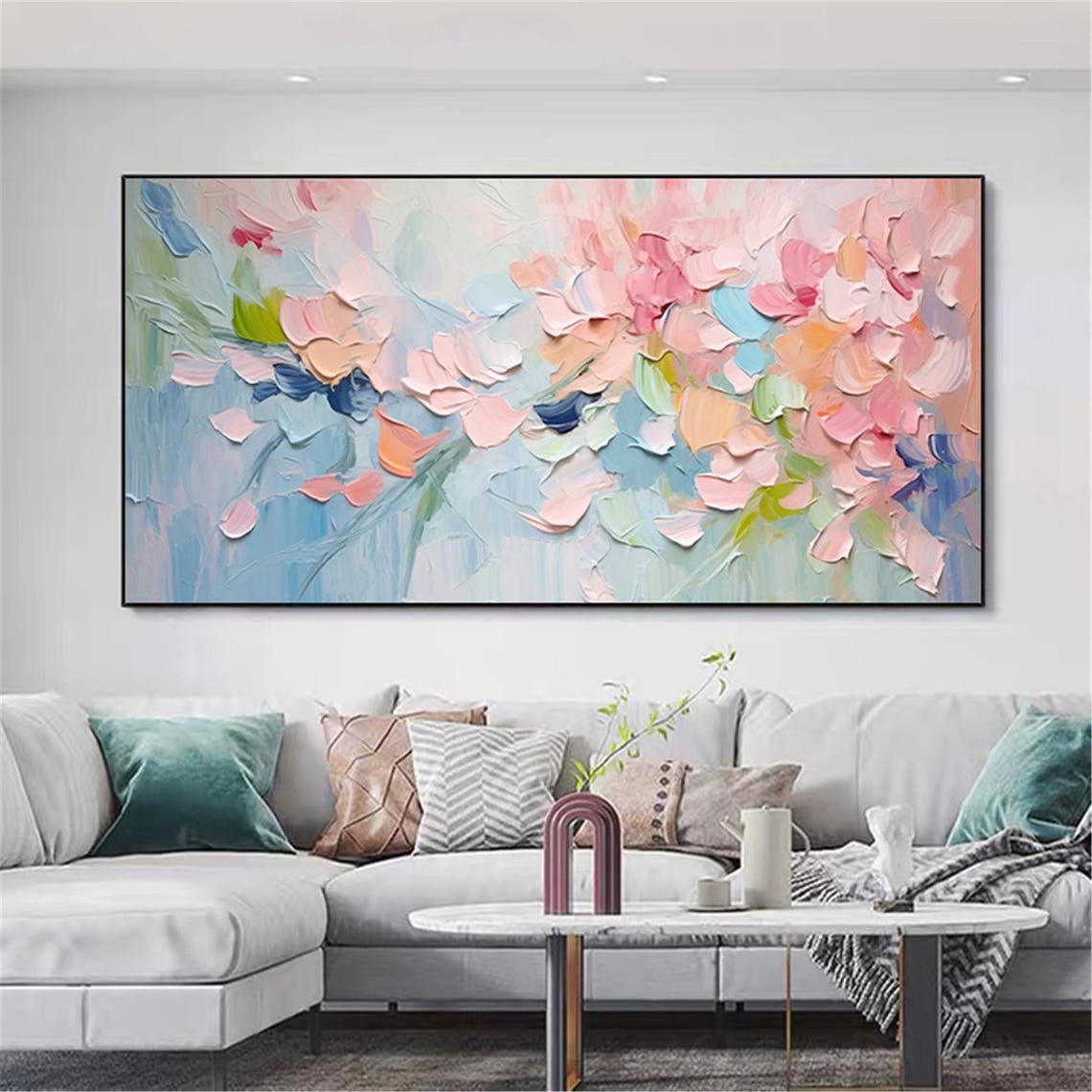 Blush Pink Teal Navy Abstract Florals Panoramic Gallery Wall Art - Image 5