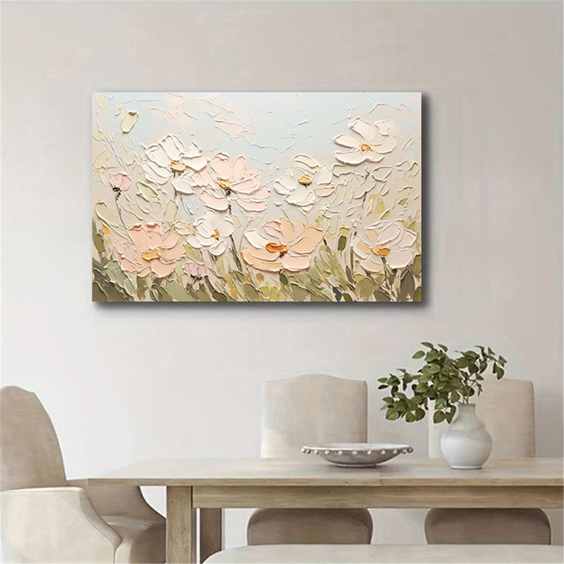 White Peach Blossom Light Sage 3D Textured Floral Painting Poster - Image 4