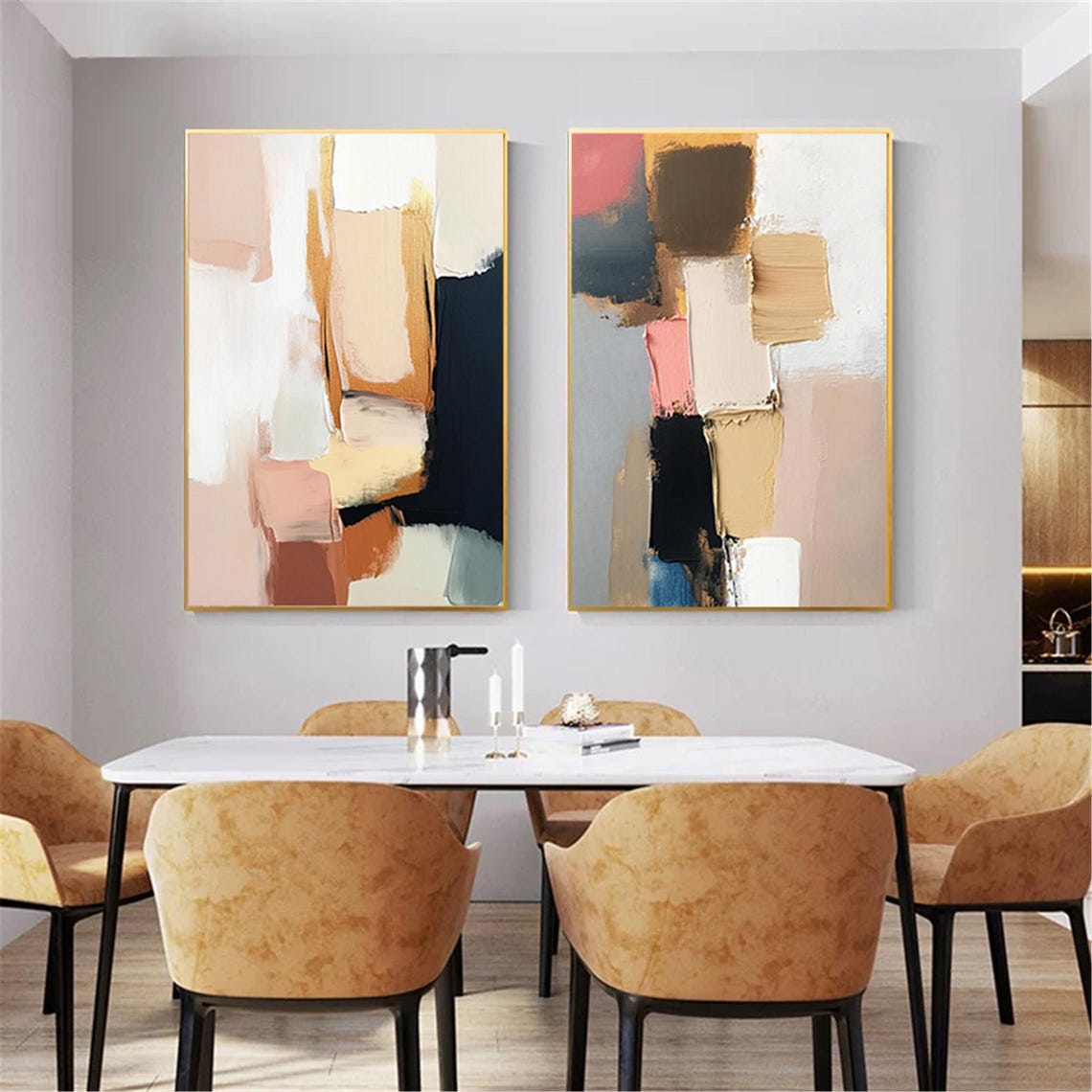 Two Piece Pink Black Gold Modern Abstract Pair Diptych Wall Art - Image 4