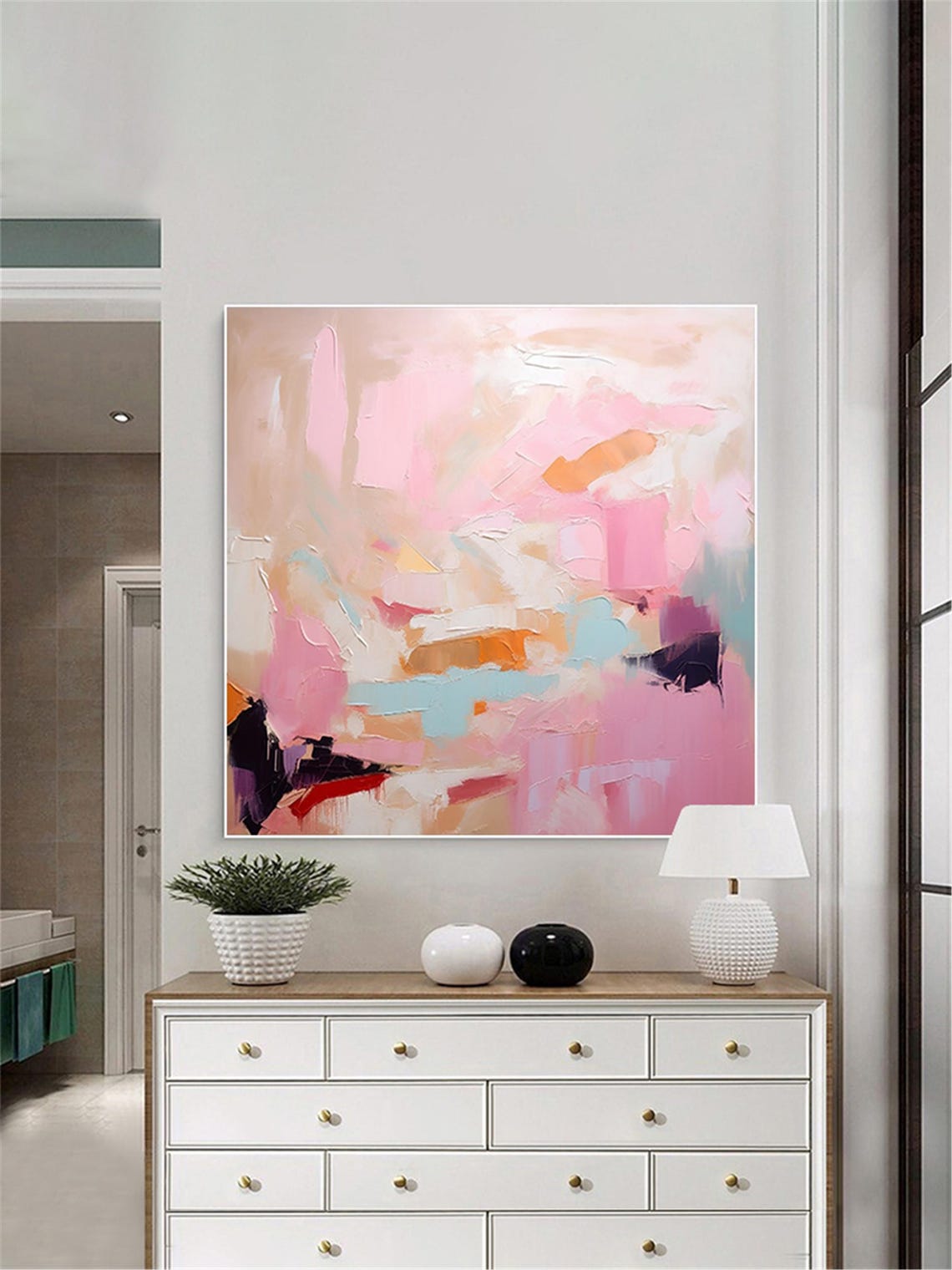Pink Beige Cream Abstract Brushwork Gold Framed Gallery Wall Art - Image 4