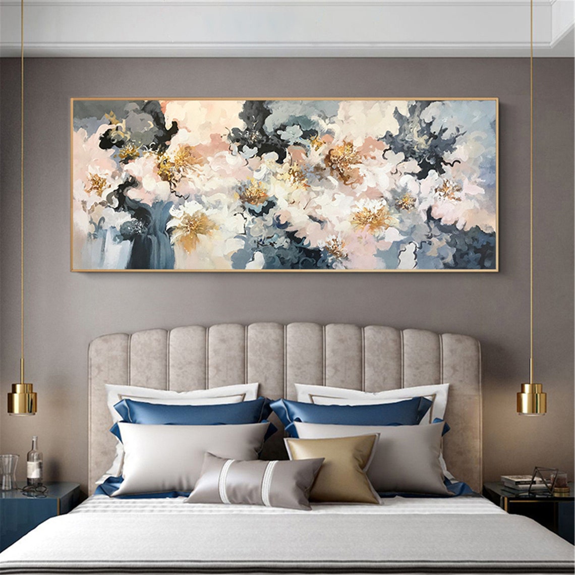 Blue Navy White Golden Floral Abstract Panoramic Living Room Wall Art - Image 5