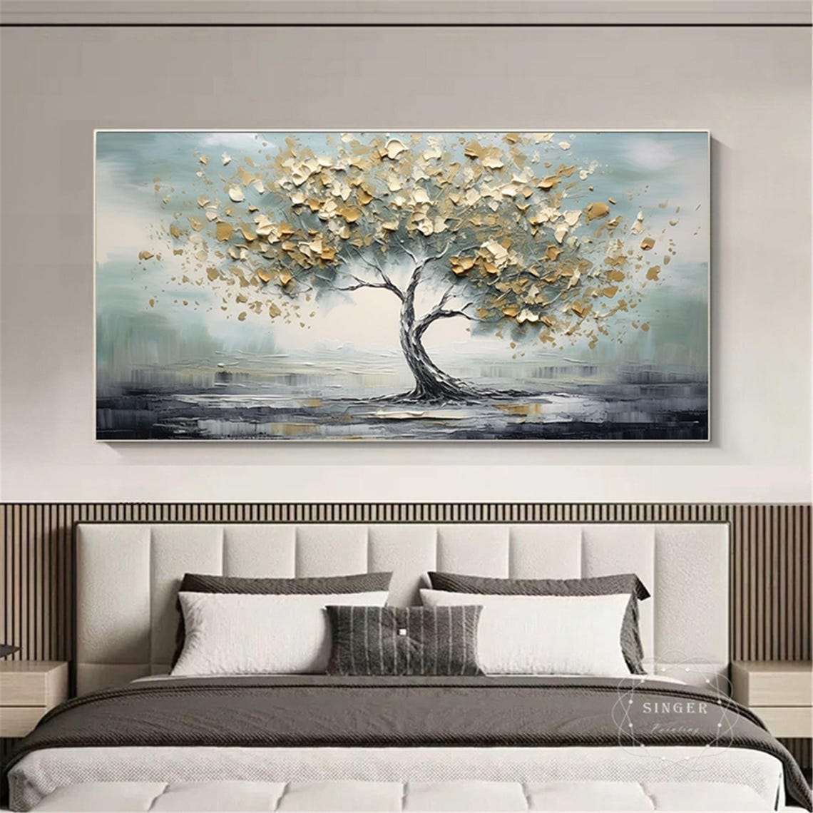 Windswept Golden Tree 3D Textured Impasto Painting Sage Sky Poster - Image 3