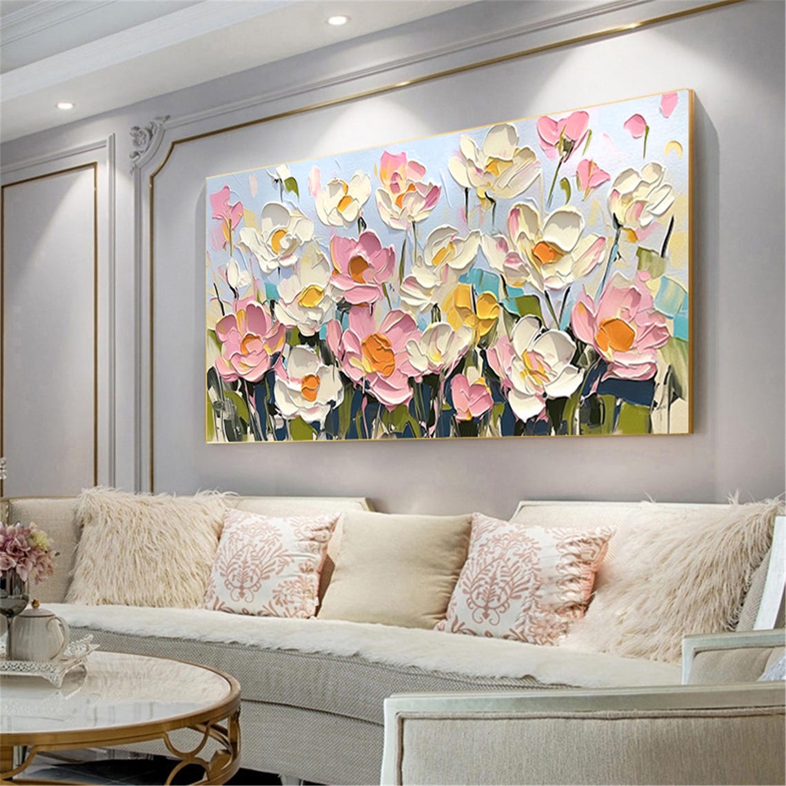 Pink White Flower Teal Navy 3D Textured Floral Painting Poster - Image 2