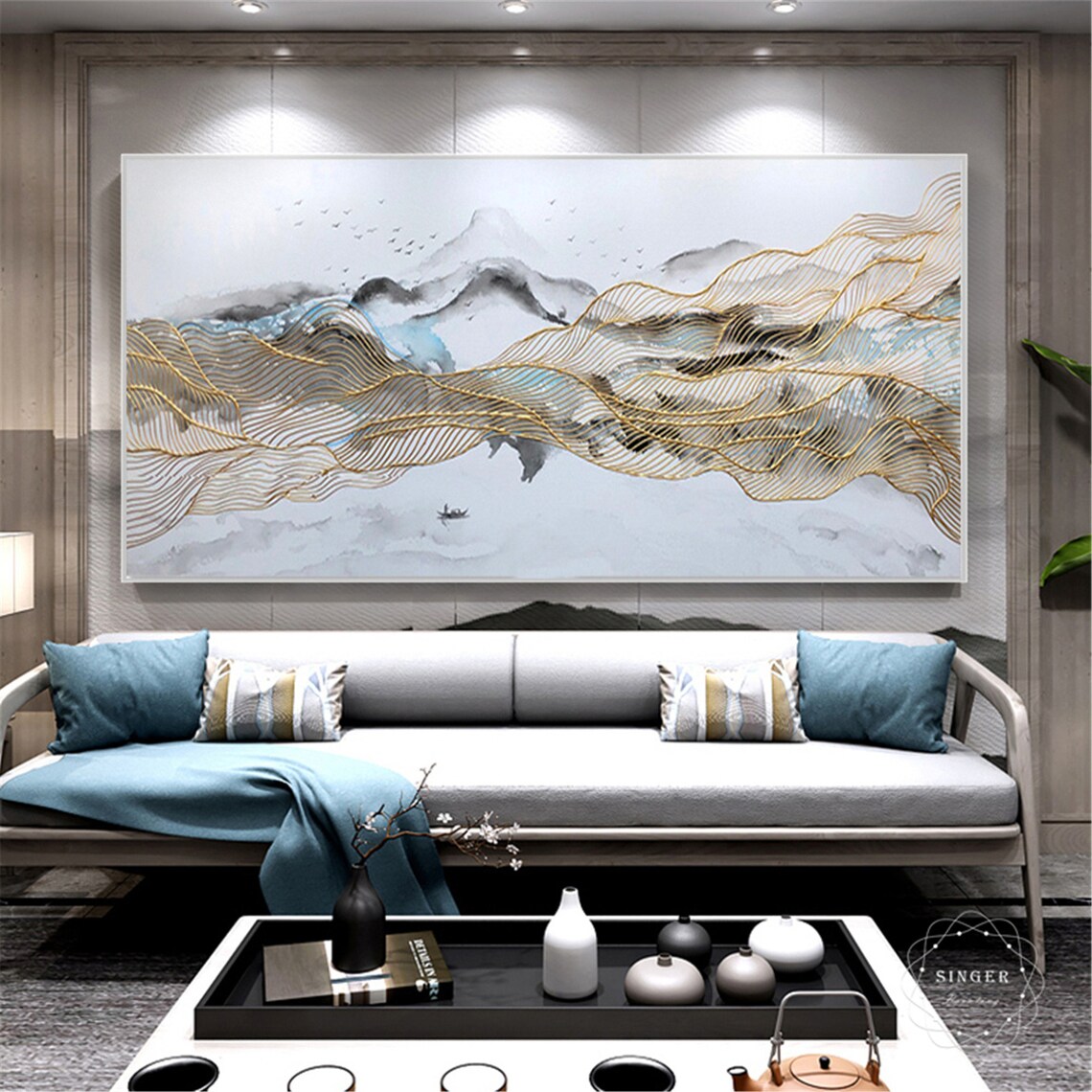 Gold Lines Abstract Mountains, Wabi Sabi Wall Art Print - Image 2