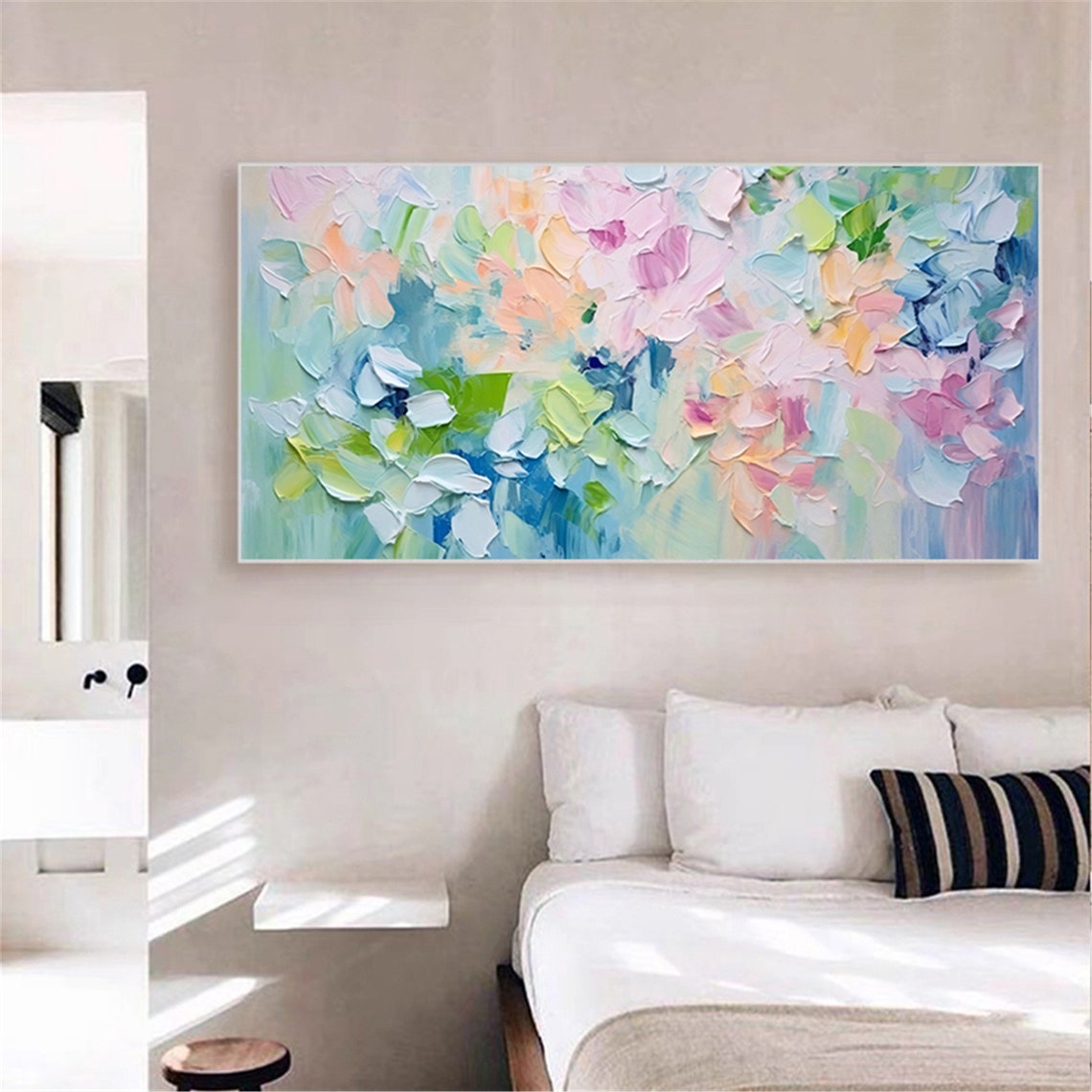 Soft Pastel Blue Pink Abstract Floral 3D Textured Painting Poster - Image 2