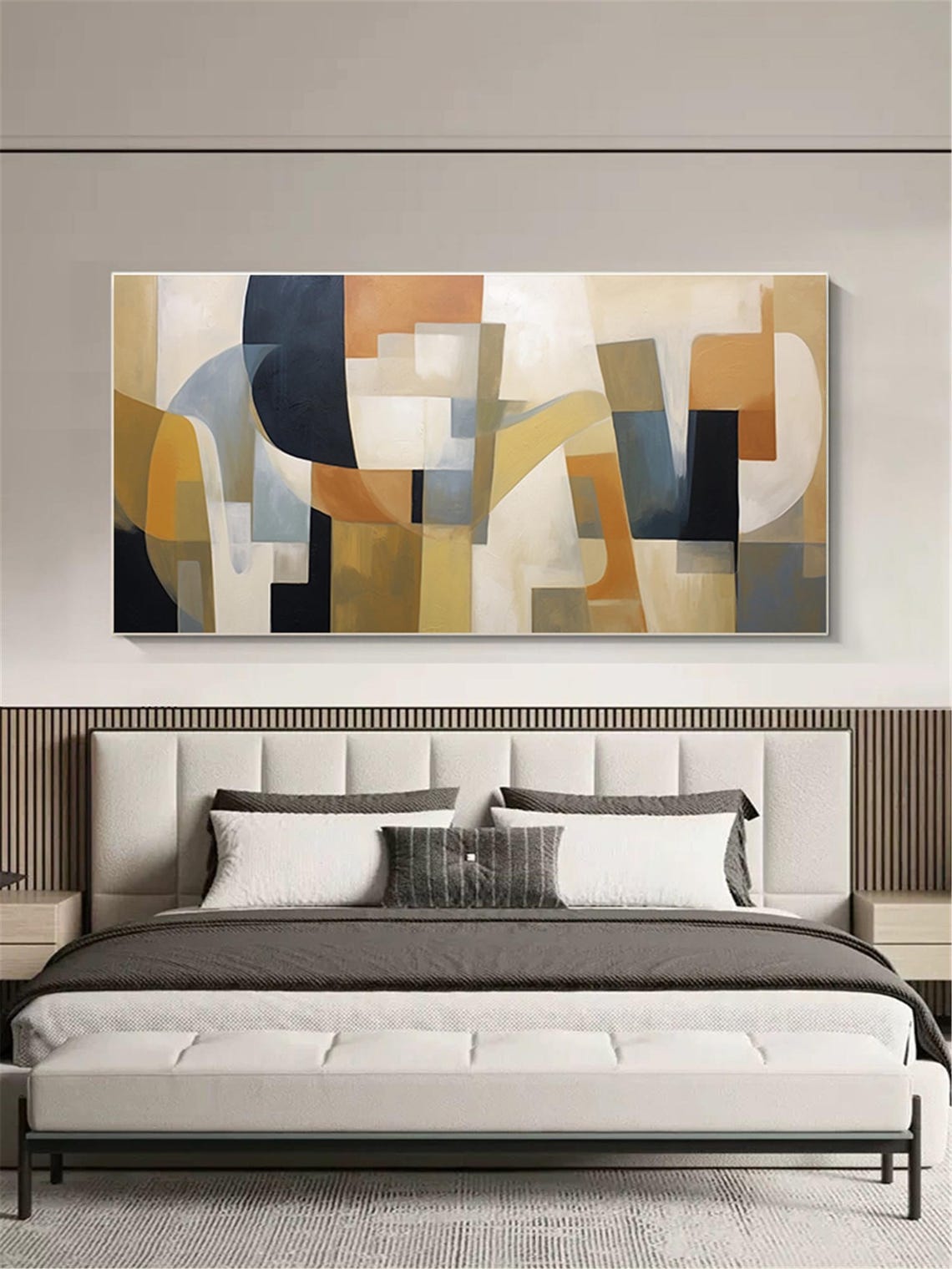 Geometric Mustard Navy Cream Abstract Panoramic Mid Century Art Poster - Image 4