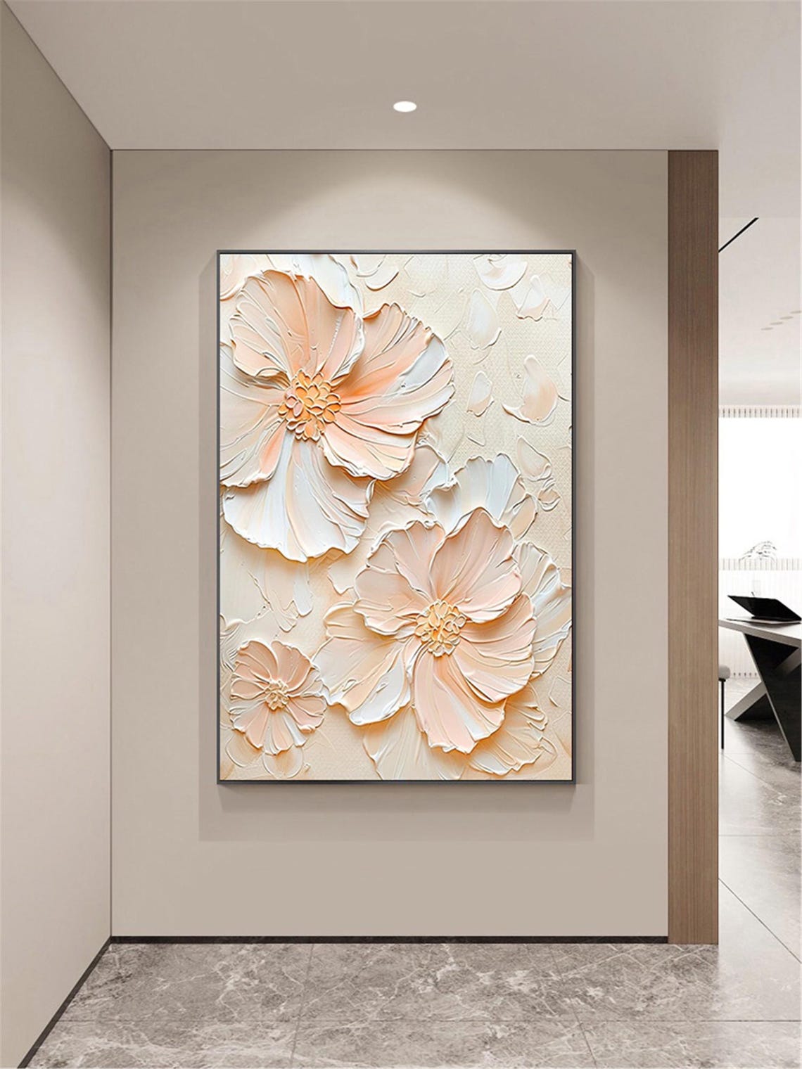 Beige Blush Large Blossom 3D Textured Floral Painting Poster - Image 4