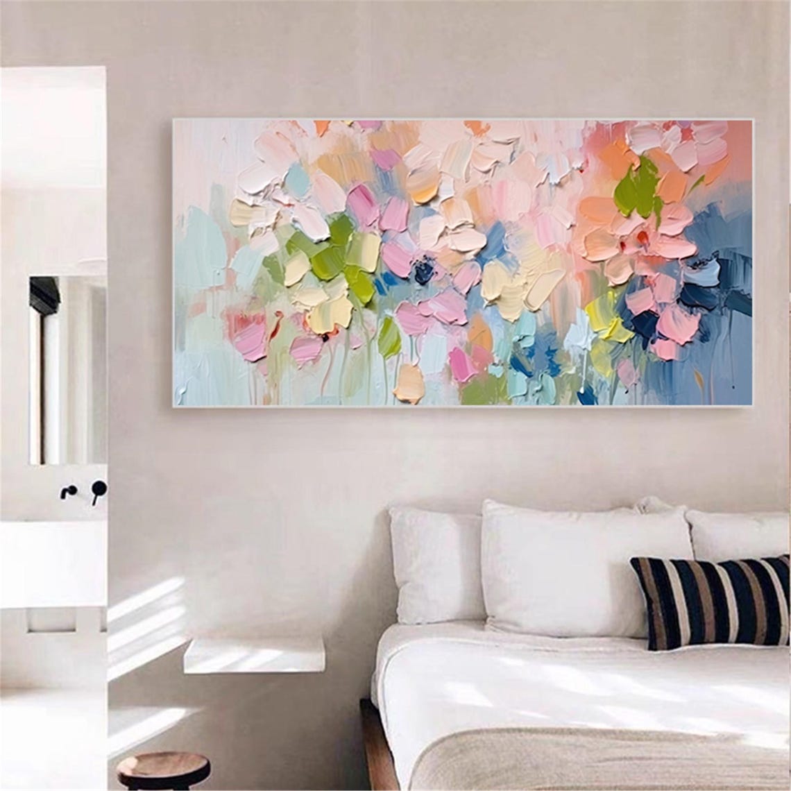 Coral Pink Blue Abstract Flowers Panoramic Modern Floral Wall Art - Image 3