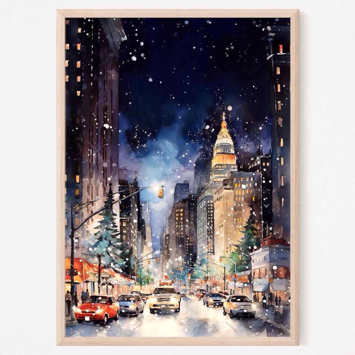 New York City Snowy Winter Night Street Taxis Watercolor Poster