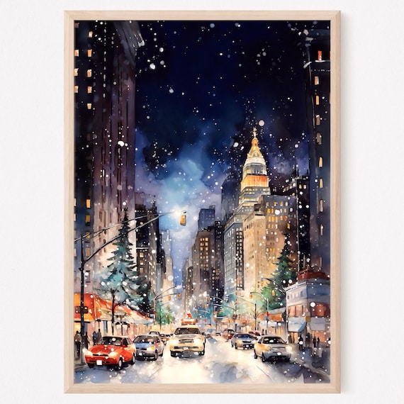 New York City Snowy Winter Night Street Taxis Watercolor Poster