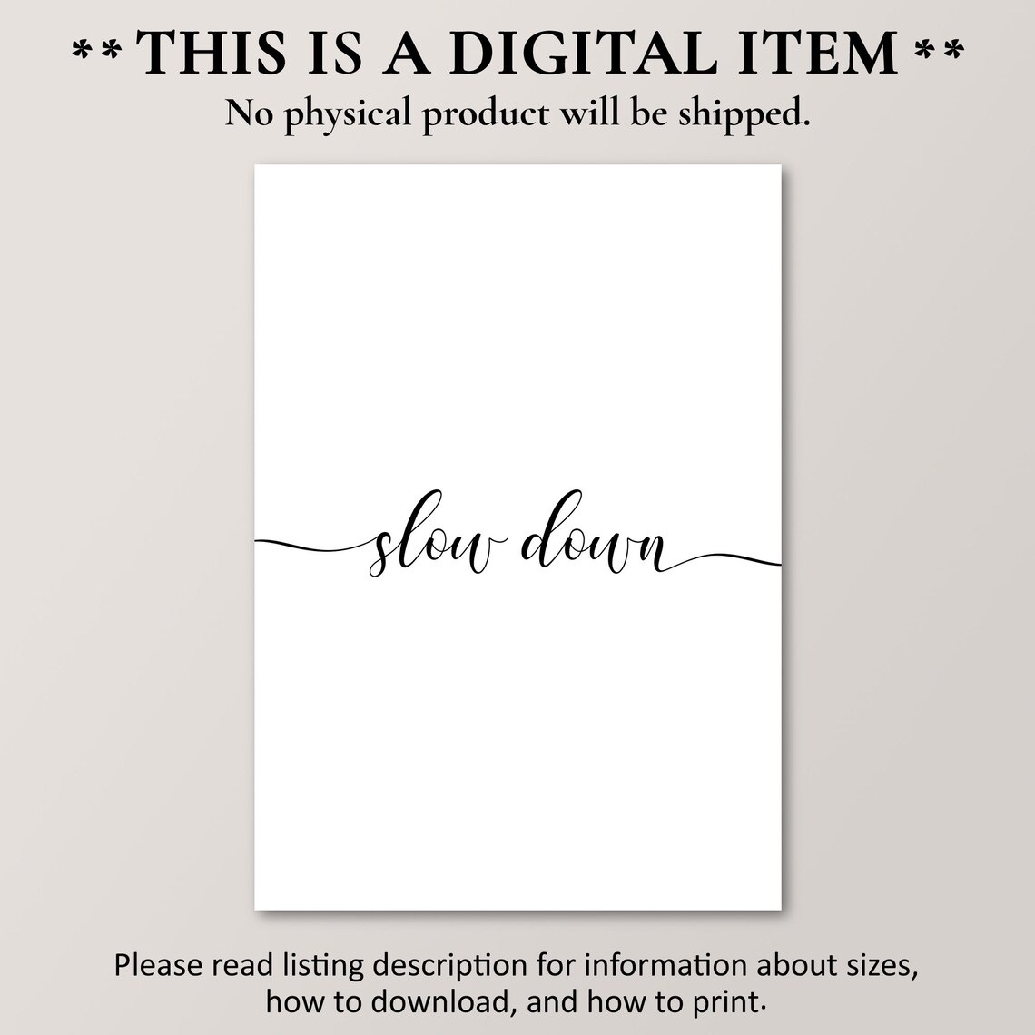 Slow Down Minimalist Black White Script Self Care Mindfulness Art Print - Image 2