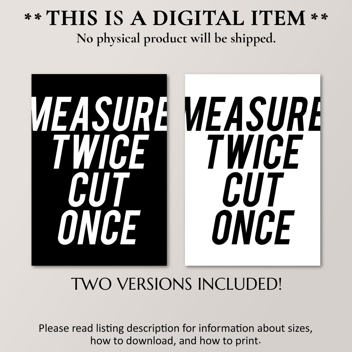 Measure Twice Cut Once Bold White on Black Workshop Craft Quote Poster - Image 4