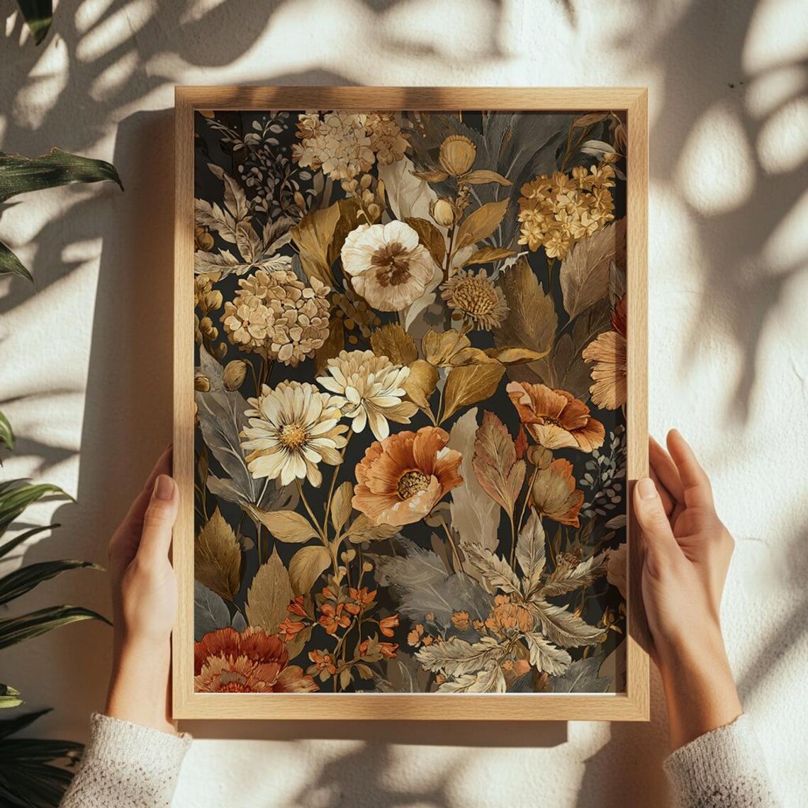 Moody Dark Golden Autumn Floral Botanical Pattern Art Poster