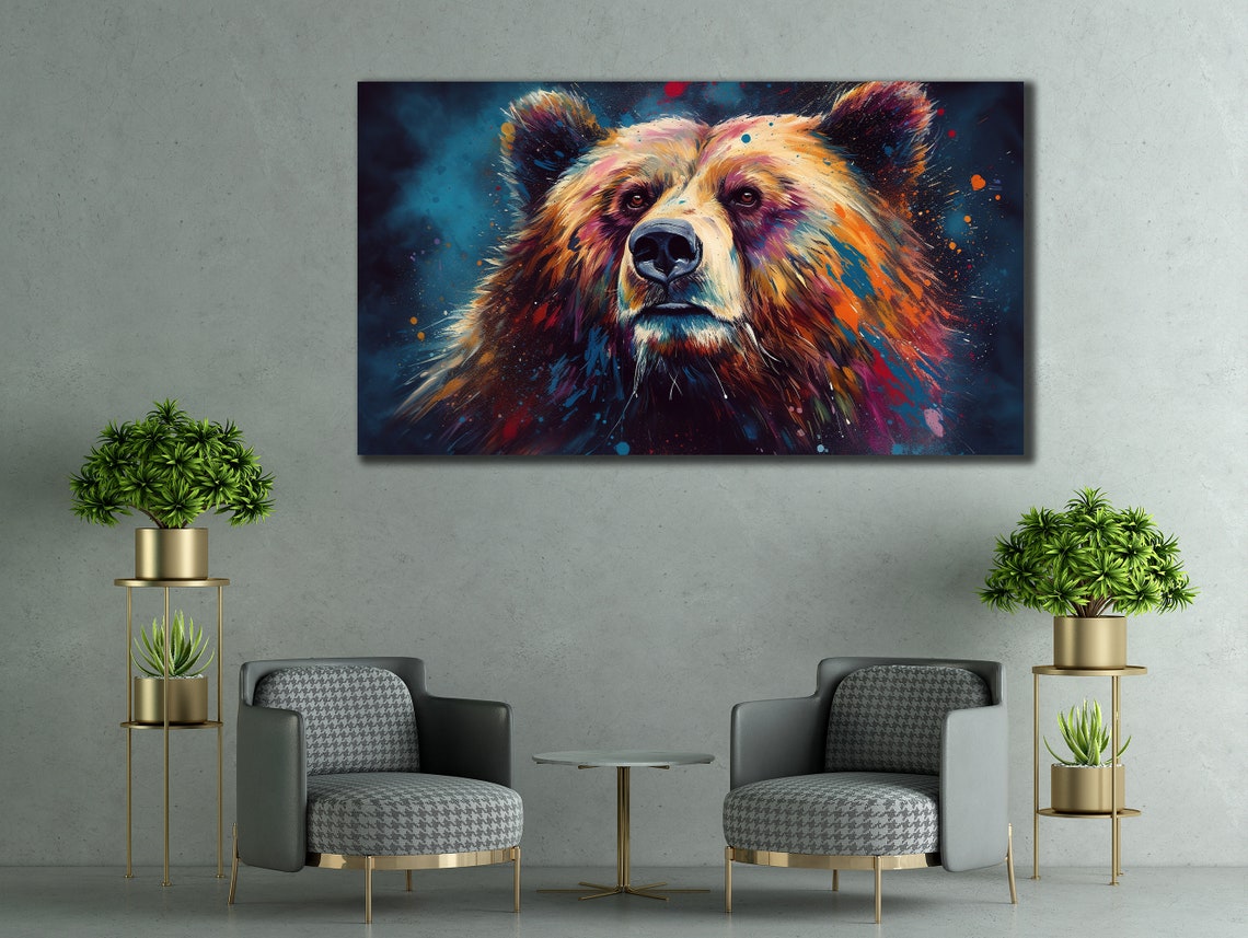 Bear Face Orange Teal Splash Colorful Wildlife Wall Art Print - Image 2