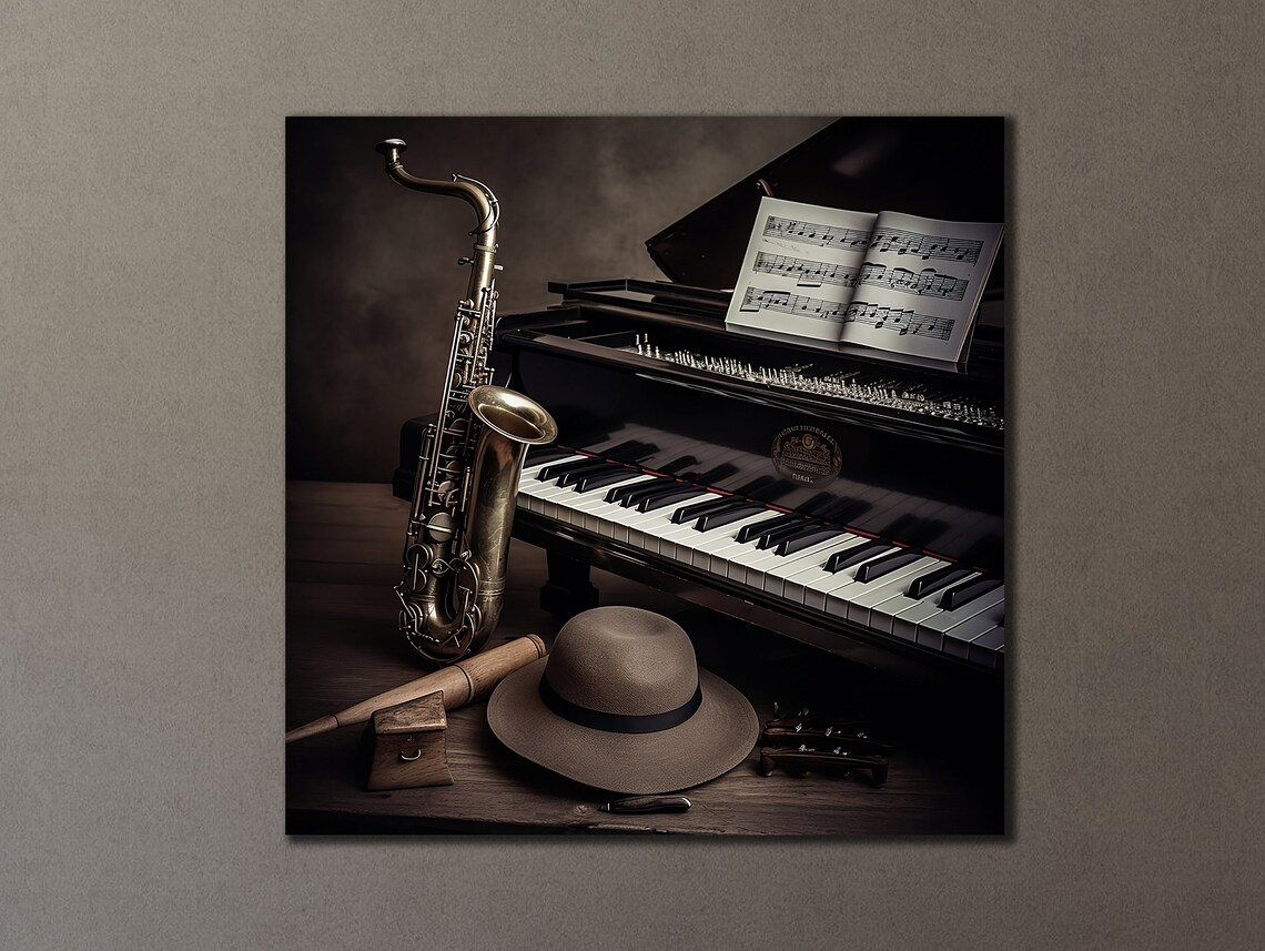 Vintage Jazz Saxophone Piano Still Life Sepia Music Decor Wall Art Print - Image 3