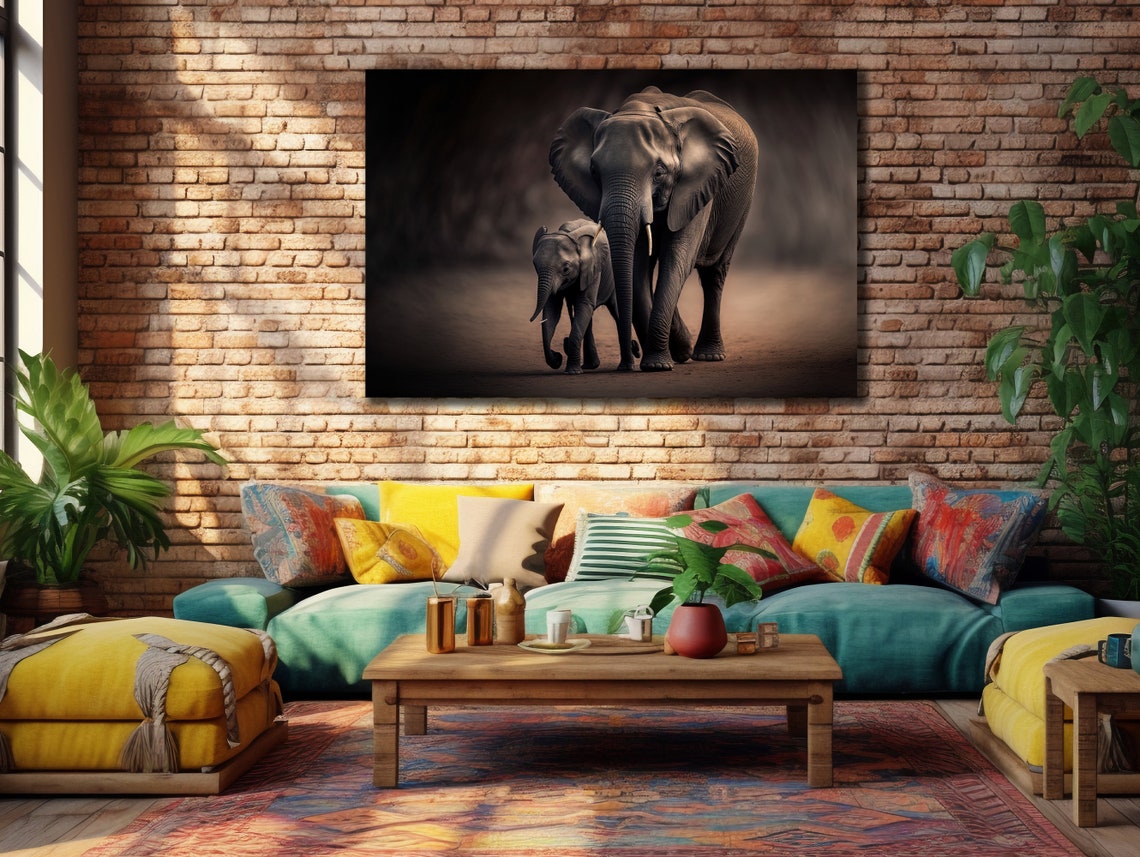 Mother Elephant Baby Calf Walking Together Wildlife Art Wall Poster - Image 2